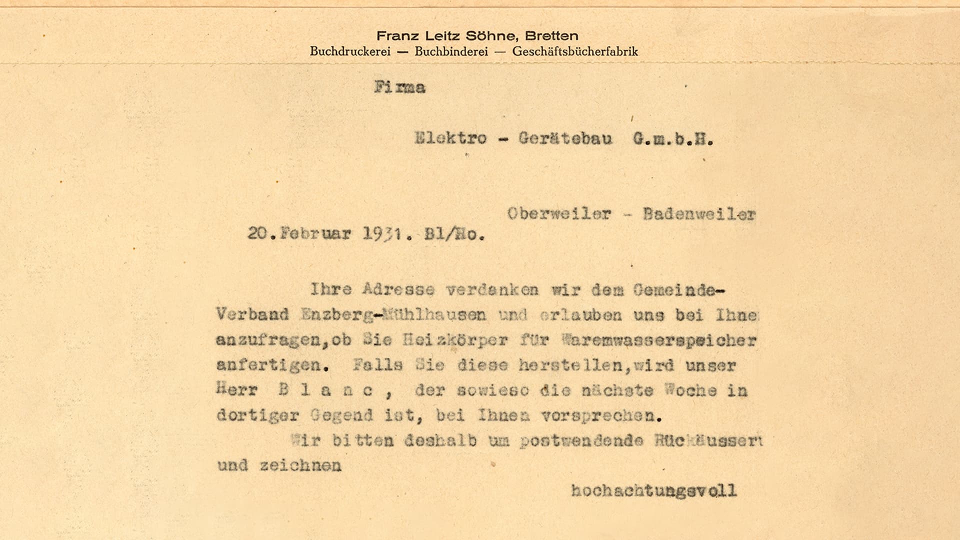 Schreiben Heinrich Blancs an Karl Fischer, 20. Februar 1931