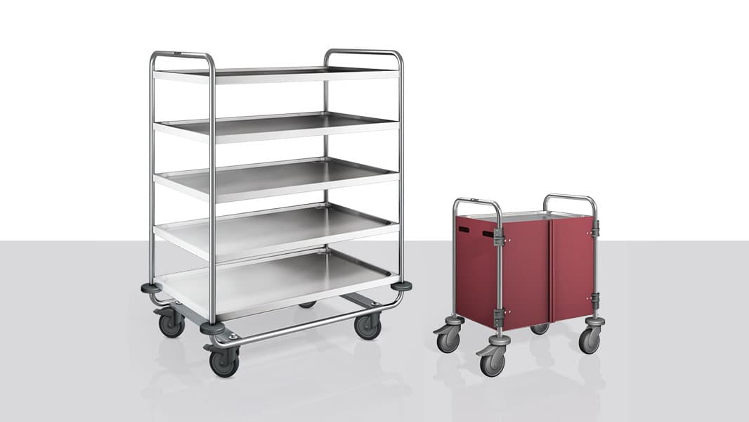 Zwei Servierwagen, der Größere mit 5 Schubfächern, der Kleinere mit roter Verkleidung